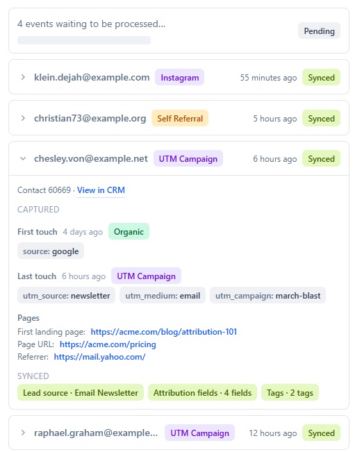 iTracker360 sync activity showing captured attribution synced to the CRM